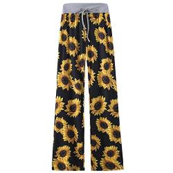 amropi Damen Hose Mit Taschen Breites Bein Leopard Kordelzug Lose Gerade Lounge Laufen Hose Gelb Blume,5XL von amropi