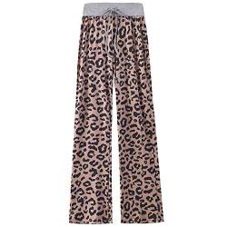 amropi Damen Hose Mit Taschen Breites Bein Leopard Kordelzug Lose Gerade Lounge Laufen Hose Kaffee Leopard,S von amropi