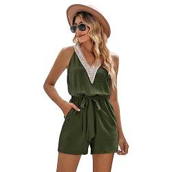 amropi Damen Jumpsuit V-Ausschnitt Playsuit Casual Overalls Kurz Romper Sommer Hosenanzug Grün,S von amropi