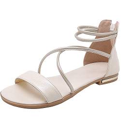 amropi Damen Kreuzband Sommer Offene Zehe Knöchelriemen Flache Sandalen (Beige,36 EU) von amropi