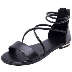 amropi Damen Kreuzband Sommer Offene Zehe Knöchelriemen Flache Sandalen (Schwarz,36 EU) von amropi