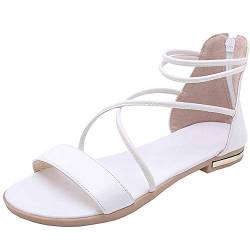 amropi Damen Kreuzband Sommer Offene Zehe Knöchelriemen Flache Sandalen (Weiß,40 EU) von amropi