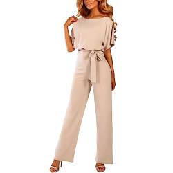 amropi Damen Kurzarm O-Ausschnitt Elegant Lang Jumpsuit Overall Hosenanzug Playsuit Romper Beige,M von amropi