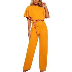 amropi Damen Kurzarm O-Ausschnitt Elegant Lang Jumpsuit Overall Hosenanzug Playsuit Romper Gelb,M von amropi