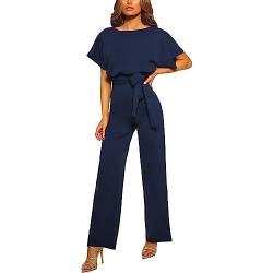 amropi Damen Kurzarm O-Ausschnitt Elegant Lang Jumpsuit Overall Hosenanzug Playsuit Romper Marine,M von amropi