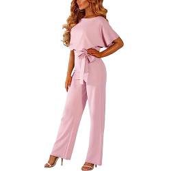 amropi Damen Kurzarm O-Ausschnitt Elegant Lang Jumpsuit Overall Hosenanzug Playsuit Romper Rosa,L von amropi