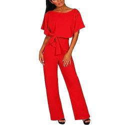 amropi Damen Kurzarm O-Ausschnitt Elegant Lang Jumpsuit Overall Hosenanzug Playsuit Romper Rot,M von amropi