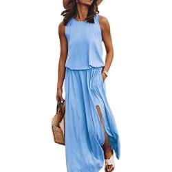 amropi Damen Sommer Casual Kleid Ärmelloses Lang Kleider Elegant Maxikleid Blau,XL von amropi