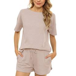 amropi Damen Stricken Schlafanzug Kurz Sommer Pyjama Set Top und Shorts Kurzarm Nachtwäsche Beige,S von amropi