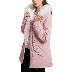 amropi Damen Winterparka Mantel Fell Gefüttert Winter Parka Jacke mit Kunstfell Kapuze Rosa, XS von amropi