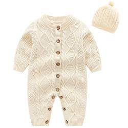 amropi Gestrickte Strampler Baby Mädchen Spieler und Mütze Strickanzug Schneeanzug Overalls Beige,3-6 Monate von amropi