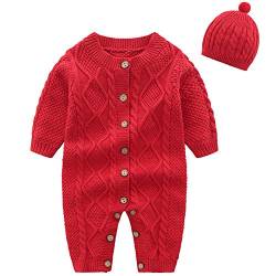 amropi Gestrickte Strampler Baby Mädchen Spieler und Mütze Strickanzug Schneeanzug Overalls Rot,0-6 Monate von amropi