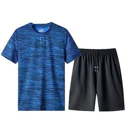 amropi Herren Jogginganzug Sommer Trainingsanzug Kurzarm T-Shirt und Kurze Hose 2 Stück Sportanzug Blau Schwarz,L von amropi