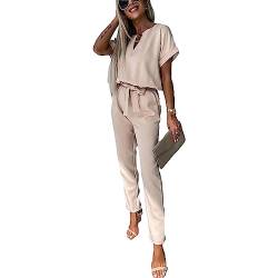 amropi Jumpsuit Damen Elegant Kurzarm Playsuit V-Ausschnitt Casual Lose Overalls Lang Romper Kaki,L von amropi