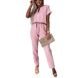 amropi Jumpsuit Damen Elegant Kurzarm Playsuit V-Ausschnitt Casual Lose Overalls Lang Romper Rosa,L von amropi