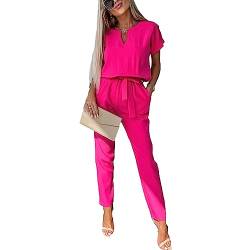 amropi Jumpsuit Damen Elegant Kurzarm Playsuit V-Ausschnitt Casual Lose Overalls Lang Romper Rot Rosa,S von amropi