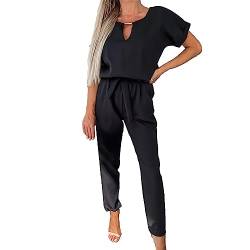 amropi Jumpsuit Damen Elegant Kurzarm Playsuit V-Ausschnitt Casual Lose Overalls Lang Romper Schwarz,L von amropi