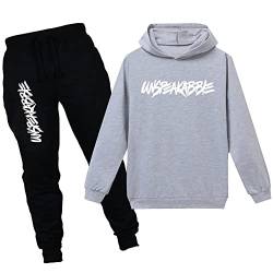 amropi Jungen Hoodie Trainingsanzug Sweatshirt Top und Jogging Hose Kleidungsset (Grau Schwarz, 14-15 Jahre) von amropi