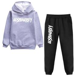 amropi Jungen Hoodie Trainingsanzug Sweatshirt Top und Jogging Hose Kleidungsset (Grau Schwarz pelzgefüttert, 12-13 Jahre) von amropi