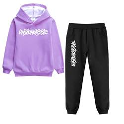 amropi Jungen Hoodie Trainingsanzug Sweatshirt Top und Jogging Hose Kleidungsset (Violett pelzgefüttert, 10-11 Jahre) von amropi