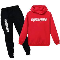 amropi Jungen Hoodie Trainingsanzug Sweatshirt Top und Jogging Hose Kleidungsset (rot Schwarz, 9-10 Jahre) von amropi