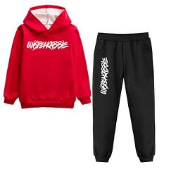 amropi Jungen Hoodie Trainingsanzug Sweatshirt Top und Jogging Hose Kleidungsset (rot Schwarz pelzgefüttert, 11-12 Jahre) von amropi