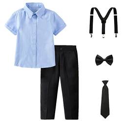 amropi Jungen Kurzarm Bekleidungssets Hemd mit Fliege + Hosenträger Hosen Strampler Anzug Blau Schwarz, 10-12 Jahre von amropi