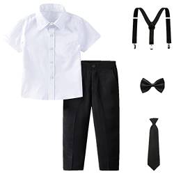 amropi Jungen Kurzarm Bekleidungssets Hemd mit Fliege + Hosenträger Hosen Strampler Anzug Weiß Schwarz, 10-12 Jahre von amropi