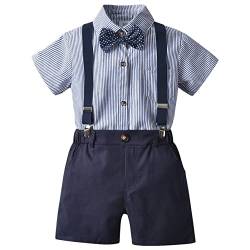 amropi Jungen Kurzarm Bekleidungssets Hemd mit Fliege + Hosenträger Shorts Strampler Anzug Blau Gestreift, 5-6 Jahre von amropi