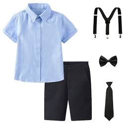 amropi Jungen Kurzarm Bekleidungssets Hemd mit Fliege + Hosenträger Shorts Strampler Anzug Blau Schwarz, 10-12 Jahre von amropi