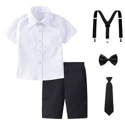 amropi Jungen Kurzarm Bekleidungssets Hemd mit Fliege + Hosenträger Shorts Strampler Anzug Weiß Schwarz, 10-12 Jahre von amropi