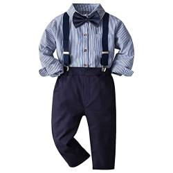 amropi Jungen Langarm Bekleidungssets Hemd mit Fliege + Hosenträger Hosen Strampler Anzug Blau Gestreift, 4-5 Jahre von amropi