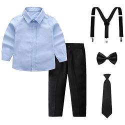 amropi Jungen Langarm Bekleidungssets Hemd mit Fliege + Hosenträger Hosen Strampler Anzug Blau Schwarz, 10-12 Jahre von amropi