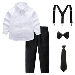 amropi Jungen Langarm Bekleidungssets Hemd mit Fliege + Hosenträger Hosen Strampler Anzug Weiß Schwarz, 10-12 Jahre von amropi
