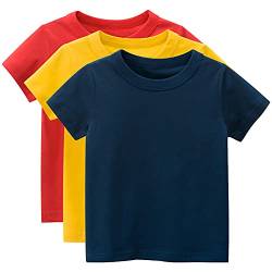 amropi Jungen T-Shirt Kinder Kurzarm Tee Shirt Baumwolle Sommer Tops 3er Pack Marine Gelb Rot,2-3 Jahre von amropi