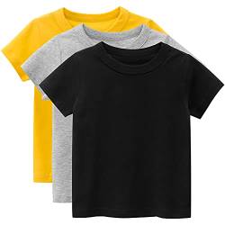 amropi Jungen T-Shirt Kinder Kurzarm Tee Shirt Baumwolle Sommer Tops 3er Pack Schwarz Grau Gelb,2-3 Jahre von amropi