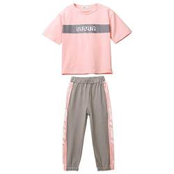 amropi Kinder Mädchen Kurzarm Outfits Brief T-Shirt + Jogging Hosen Sommer Kleidung Set Rosa Grau, 5-6 Jahre von amropi