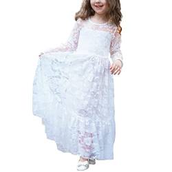 amropi Kinder Spitzenkleid Prinzessin Kleid Mädchen Hochzeit Blumen Partykleid mit großen Bogen Weiß,9-10 Jahre von amropi
