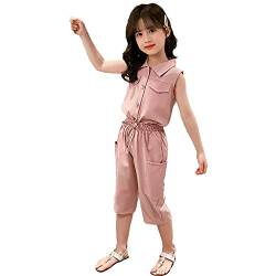 amropi Mädchen Ärmellos Bluse mit Knopfleiste + Halbe Hosen Sommer Kleidung Set Rosa, 10-11 Jahre von amropi