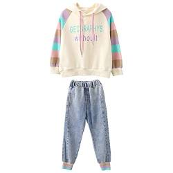 amropi Mädchen Bekleidungsset Hoodie Sweatshirt Jeans Hose Jogginganzug Trainingsanzug Beige Blau,13-14 Jahre von amropi