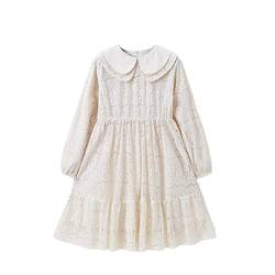 amropi Mädchen Kleider Sommerkleid Lace Blume Baumwolle Langarm Lässige Kinderkleidung Beige, 10-11 Jahre von amropi