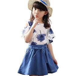amropi Mädchen Sommerkleidung Set Blumendruck Kurzarm T-Shirt Mini Rock Bekleidungssets Blau Weiß, 9-10 Jahre von amropi