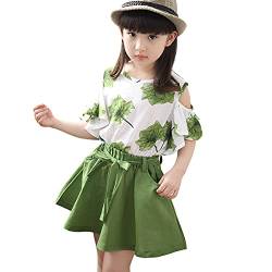 amropi Mädchen Sommerkleidung Set Blumendruck Kurzarm T-Shirt Mini Rock Bekleidungssets Grün Weiß, 11-12 Jahre von amropi