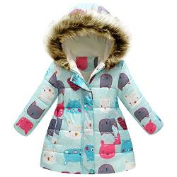 amropi Mantel Mädchen Geblümt Winterjacke mit Fellkapuze Warme Wintermantel Kinderjacke Blau Karikatur, 2-3 Jahre von amropi