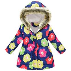 amropi Mantel Mädchen Geblümt Winterjacke mit Fellkapuze Warme Wintermantel Kinderjacke Bunte Blume, 8-9Jahre von amropi