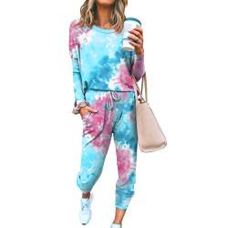 amropi Schlafanzug Damen Gebatikt Pyjama Set Nachtwäsche Hausanzug Zweiteiliger Blau,3XL von amropi