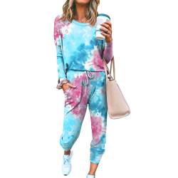 amropi Schlafanzug Damen Gebatikt Pyjama Set Nachtwäsche Hausanzug Zweiteiliger Blau,S von amropi