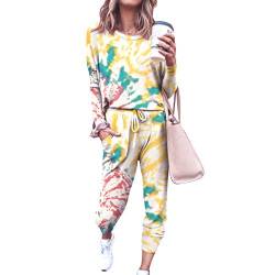 amropi Schlafanzug Damen Gebatikt Pyjama Set Nachtwäsche Hausanzug Zweiteiliger Gelb,L von amropi
