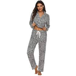 amropi Schlafanzug Damen Langärmlig Pyjama Sets 2 stücke Nachtwäsche (Leopard,L) von amropi