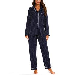 amropi Schlafanzug Damen Langärmlig Pyjama Sets 2 stücke Nachtwäsche (Marine Gepunktet,L) von amropi